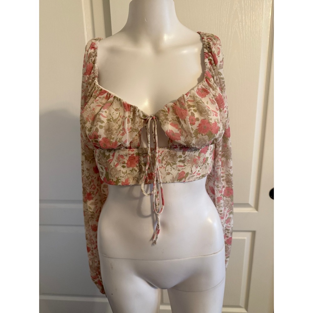 Et Clet Print Long Sleeve Crop Top Square Neck Tie Front Sheer Women's L
